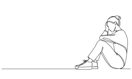 continuous single line drawing of sad and stressed woman sitting on floor holding her head, line art vector illustrationのイラスト素材