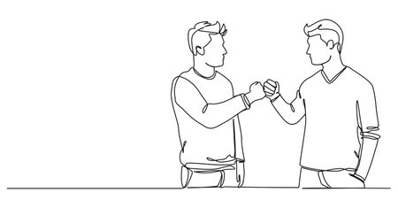continuous single line drawing of two guys doing a fist bump, line art vector illustrationのイラスト素材