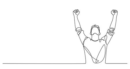 continuous single line drawing of cheering man with raised arms, line art vector illustrationのイラスト素材