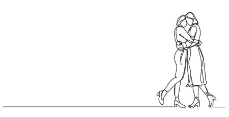 continuous single line drawing of two women hugging each other, line art vector illustrationのイラスト素材