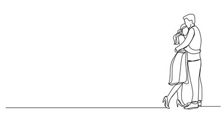 continuous single line drawing of man and woman hugging, line art vector illustrationのイラスト素材