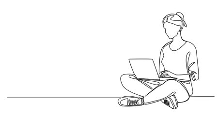 continuous single line drawing of woman sitting on floor using laptop, line art vector illustrationのイラスト素材