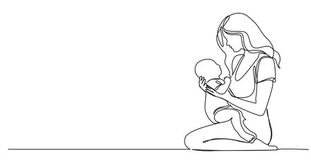 continuous single line drawing of yong mother holding baby, line art vector illustrationのイラスト素材