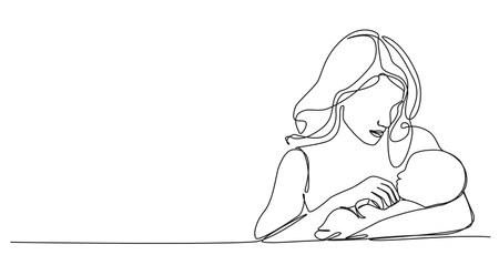 continuous single line drawing of mother caressing baby, line art vector illustrationのイラスト素材