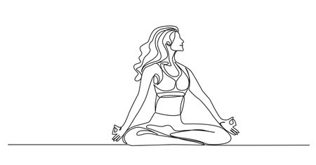 continuous single line drawing of fit woman meditating on floor, line art vector illustrationのイラスト素材