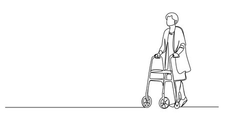 continuous single line drawing of senior woman walking with a rollator, line art vector illustrationのイラスト素材