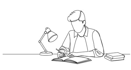 continuous single line drawing of student doing homework, line art vector illustrationのイラスト素材