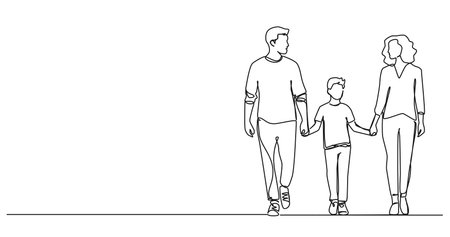 continuous single line drawing of parents and son walking hand in hand, line art vector illustrationのイラスト素材