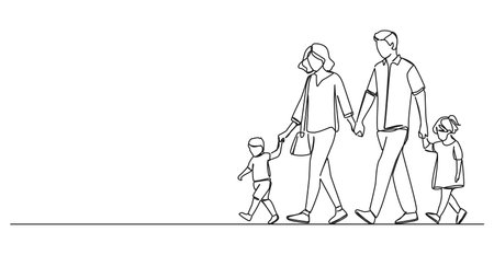 continuous single line drawing of parents with their two kids walking hand in hand, line art vector illustrationのイラスト素材