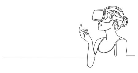 continuous single line drawing of woman wearing VR headset, line art vector illustrationのイラスト素材