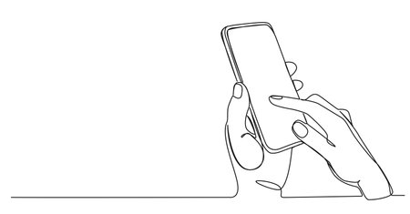 continuous single line drawing of hands holding smartphone, line art vector illustrationのイラスト素材