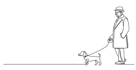 continuous single line drawing of elderly man walking his wiener dog, line art vector illustrationのイラスト素材