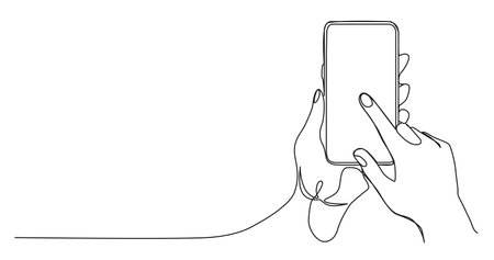 continuous single line drawing of hands holding smartphone, line art vector illustrationのイラスト素材