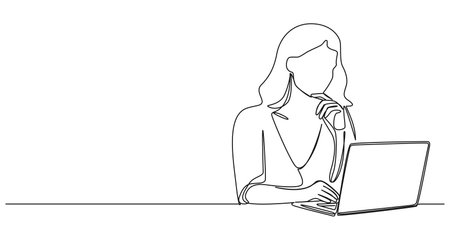 continuous single line drawing of woman using laptop computer, line art vector illustrationのイラスト素材