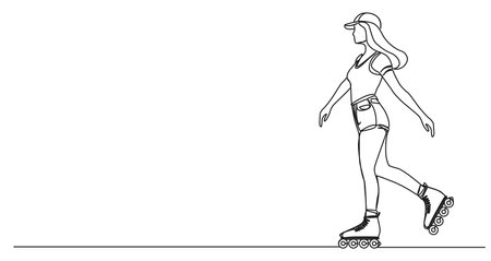 continuous single line drawing of young woman on inline skates, line art vector illustrationのイラスト素材