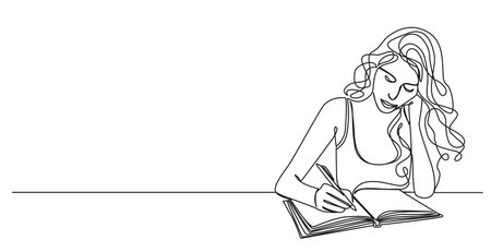 continuous single line drawing of woman taking notes in journal or diary, line art vector illustrationのイラスト素材