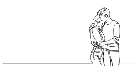 continuous single line drawing of man and woman tenderly embracing each other, line art vector illustrationのイラスト素材