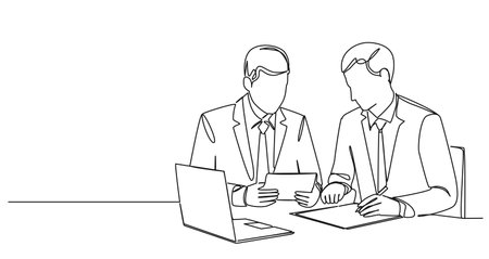 continuous single line drawing of two businessmen in meeting, line art vector illustrationのイラスト素材
