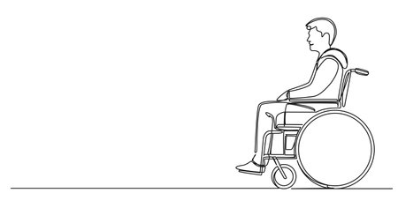 continuous single line drawing of young man in wheelchair, line art vector illustrationのイラスト素材