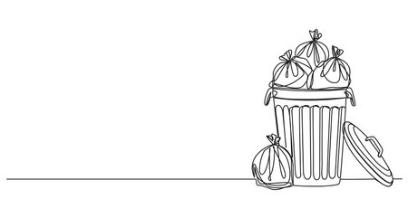 continuous single line drawing of trash can overflowing with trash bags, line art vector illustrationのイラスト素材