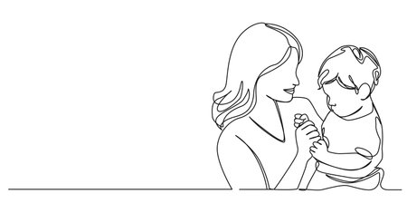 continuous single line drawing of smiling mother holding toddler on arm, line art vector illustrationのイラスト素材