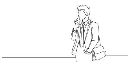 continuous single line drawing of young businessman talking on phone, line art vector illustrationのイラスト素材