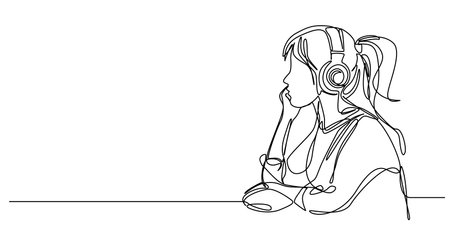 continuous single line drawing of young woman listening to music using over-ear headphones, line art vector illustrationのイラスト素材