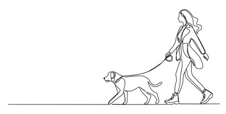 continuous single line drawing of woman walking her dog, line art vector illustrationのイラスト素材