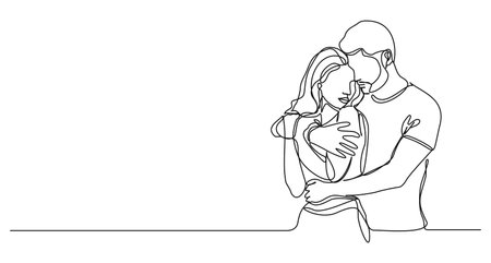 continuous single line drawing of man and woman hugging each other, line art vector illustrationのイラスト素材
