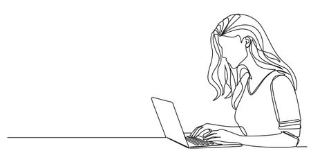 continuous single line drawing of young woman using laptop computer, line art vector illustrationのイラスト素材