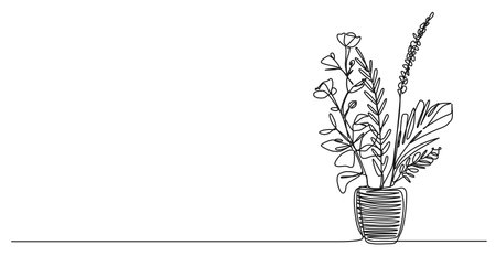 continuous single line drawing of decorative leaves and flowers in vase, line art vector illustrationのイラスト素材