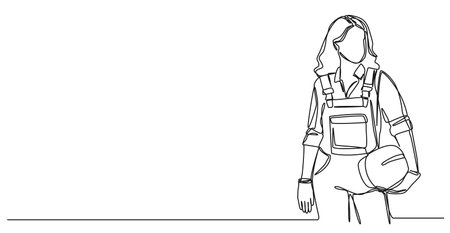 continuous single line drawing of female construction worker holding hard hat in hand, line art vector illustrationのイラスト素材