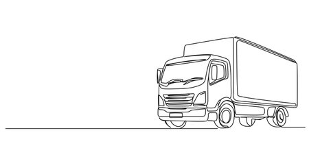 continuous single line drawing of medium sized truck, line art vector illustrationのイラスト素材