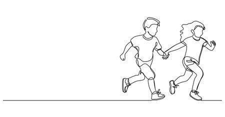 continuous single line drawing of girl and boy running hand in hand, line art vector illustrationのイラスト素材