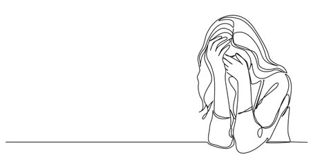 continuous single line drawing of sad woman covering her face with her hands, line art vector illustrationのイラスト素材