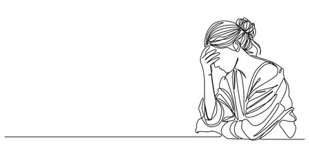 continuous single line drawing of overworked woman covering face with hand, line art vector illustrationのイラスト素材