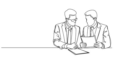 continuous single line drawing of two businessmen discussing business report during meeting, line art vector illustrationのイラスト素材
