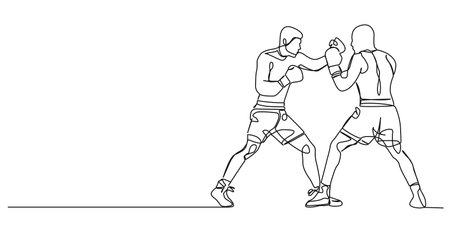continuous single line drawing of two boxers fighting, line art vector illustrationのイラスト素材