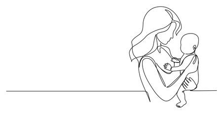 continuous single line drawing of mother holding her baby on arm, line art vector illustrationのイラスト素材