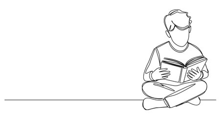 continuous line drawing of boy sitting cross-legged on floor reading a book, line art vector illustrationのイラスト素材