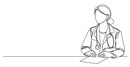 continuous line drawing of female medical doctor with stethoscope taking notes, line art vector illustrationのイラスト素材