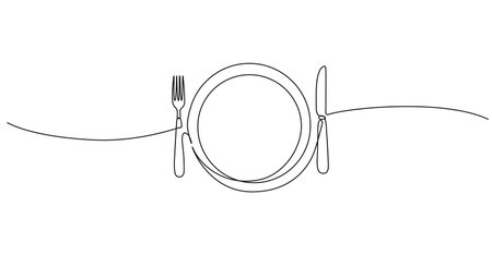 continuous line drawing of fork and knife with plate, line art vector illustrationのイラスト素材