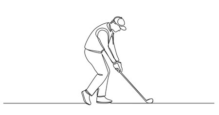 continuous single line drawing of man playing golf, line art vector illustrationのイラスト素材