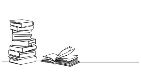continuous single line drawing of large stack of books and open book, line art vector illustrationのイラスト素材