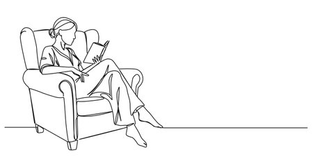 continuous single line drawing of woman in armchair reading book, line art vector illustrationのイラスト素材