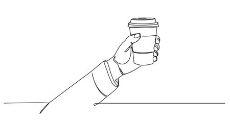 continuous single line drawing of hand holding disposable coffee cup with lid, coffee to go line art vector illustrationのイラスト素材
