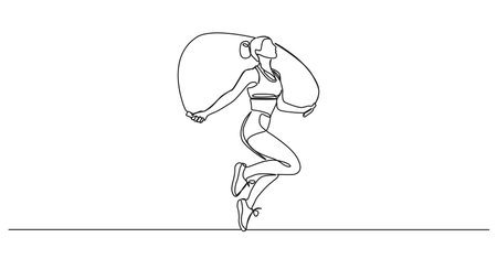 continuous single line drawing of fit woman skipping rope, line art vector illustrationのイラスト素材