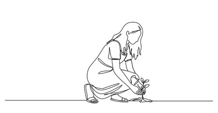 continuous single line drawing of woman planting seedling, line art vector illustrationのイラスト素材