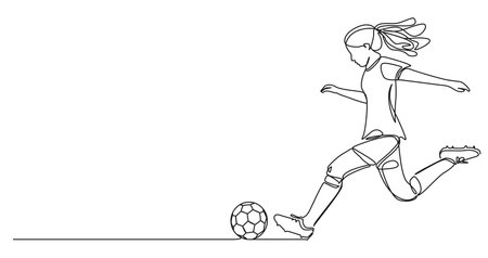 continuous single line drawing of girl playing soccer, line art vector illustrationのイラスト素材