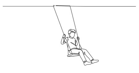 continuous single line drawing of boy on swing set, line art vector illustrationのイラスト素材